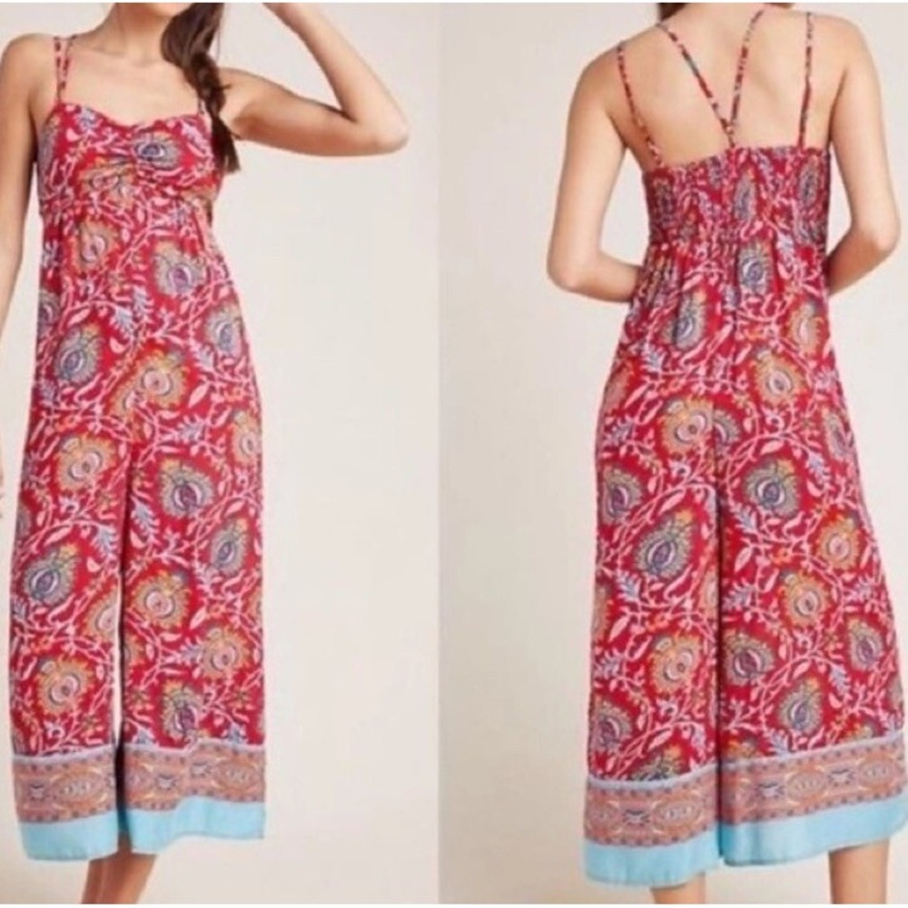 Anthropologie Marina Jumpsuit Red Batik Floral Wide Leg XS